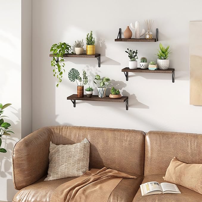 YGEOMER Floating Shelves for Wall, Different Sizes Dark Carbonized Brown Wall Shelves for Living Room, Bathroom, Bedroom, Kitchen, Home Decor (Set of 4)