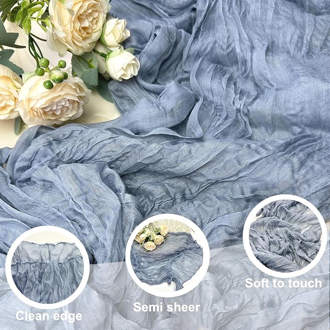 Booque Valley Dusty Blue Cheesecloth Table Runner 10ft Super Soft Boho Wrinkled Gauze Sheer Cloth for Baby Shower Baptism Birthday Party Wedding Centerpiece Table Decoration, 35x120 Inch