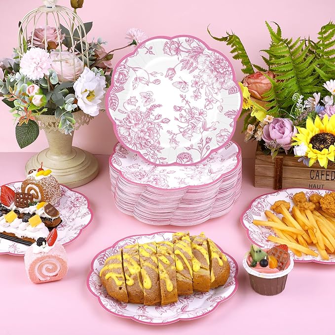 100 Pieces Pink Floral Paper Plates 9 Inches Disposable Pink and White Flower Scalloped Plates Vintage Floral Dinner Dessert Decorative Plate for Wedding Baby Shower Birthday Party Supplies