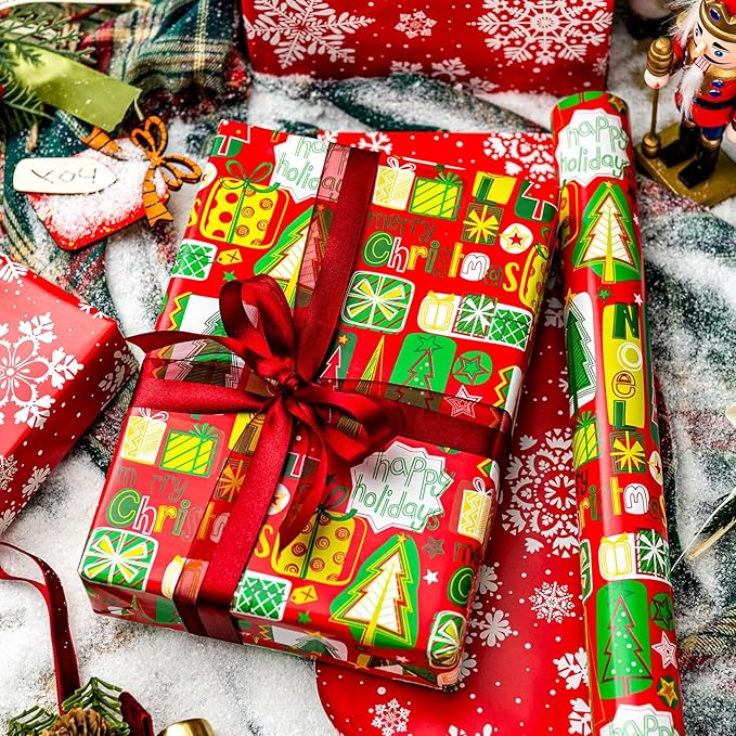 MAYPLUSS Christmas Wrapping Paper Roll, Red and Green Christmas Tree Wrapping Paper, Reversible Modern Holiday Gift Wrap with Trees Presents Snowflakes for Festive Gift Packaging (17 Inch X 33 Feet)