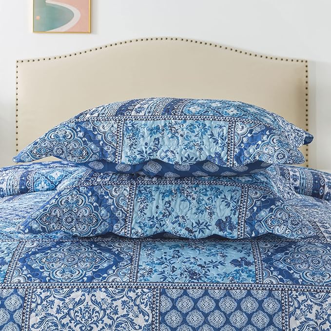 HoneiLife Rustic Quilt Sets Queen - 3 Pieces Microfiber Quilt Sets Lightweight Bedspreads Floral Coverlets Retro Bed Cover All Season Quilts-Blue