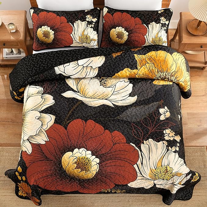 Dintszyayue Black Quilt Set King, 3 Pieces Red Floral Bedspreads Lightweight Coverlet Set for All Seasons, Reversible Quilted Printed Bedding Set with 2 Pillow Shams
