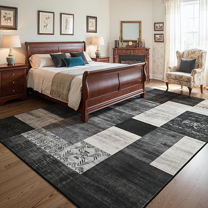 Tepook 8x10 Area Rugs for Living Room, Modern Large Geometric Rug for Bedroom, Washable Patchwork Rug Indoor Non Slip Throw Carpets for Dining Room Office Farmhouse Home Decor, Black and White