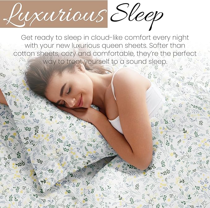 Linen Market Patterned Microfiber Queen Sheet Set 4 Piece – Oeko-TEX Certified Ultra Soft & Wrinkle-Free - 16" Deep Pocket Sheets - Easy Care Queen Size - Wildflower Light Blue