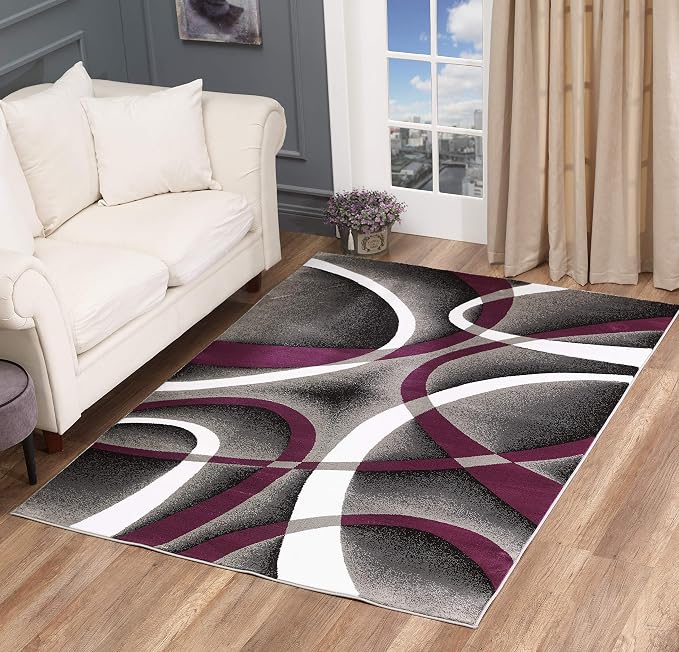 GLORY RUGS Modern Area Rug 8x10 Grey Swirls Carpet Bedroom Living Room Contemporary Dining Accent Sevilla Collection 4816A (Purple)