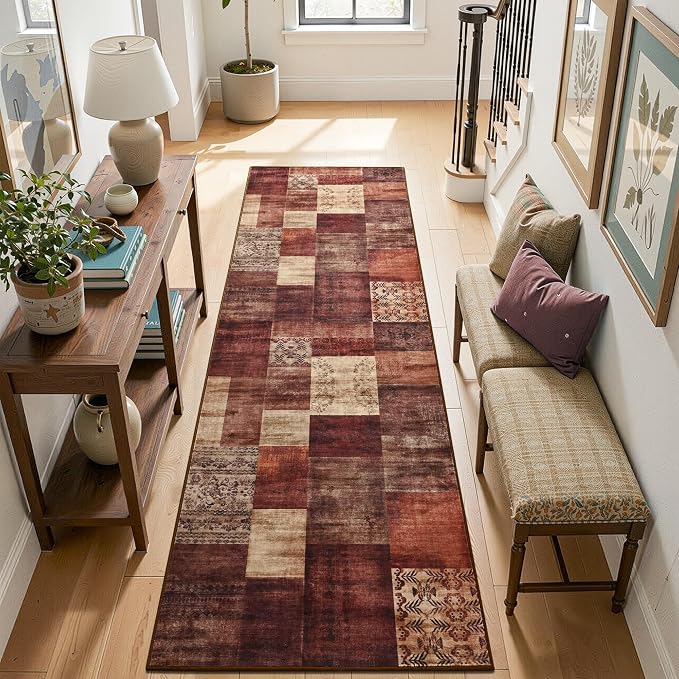 Tepook Modern Runner Rug for Living Room, 2x6 Washable Rugs for Bedroom Hallway, Geometric Patchwork Runner Rug Non-Slip Indoor Throw Carpet for Entryway Kitchen Office Home Decor, Red