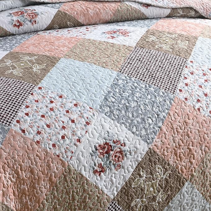 HoneiLife Quilt Set King Size - 3 Piece Microfiber Quilts Reversible Bedspreads Patchwork Coverlets Floral Bedding Set All Season Quilts-Mocha Rose,King Size