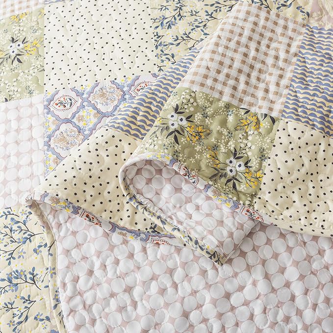 HoneiLife Queen Quilt Bedding Sets - Rustic Quilts 3-Piece 90x96, Microfiber Reversible Bedspreads Patchwork Coverlet Floral Bedding Set All Season Use