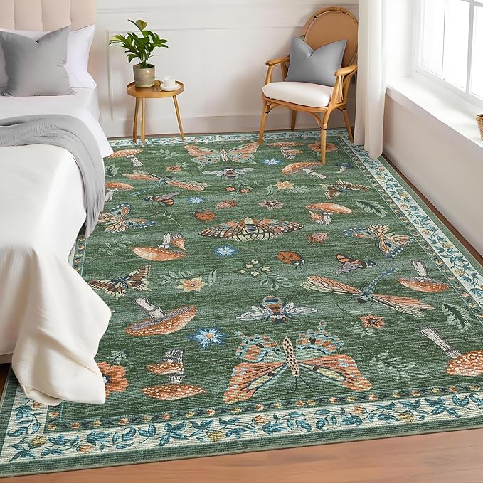 5x7 Washable Mushroom Floral Small Rug Non Slip Living Room Vintage Area Rug Low Pile Soft Bedroom Rugs Non Shedding Kitchen Rugs Boho Retro Indoor Carpet for Kids Nursery Room, Green