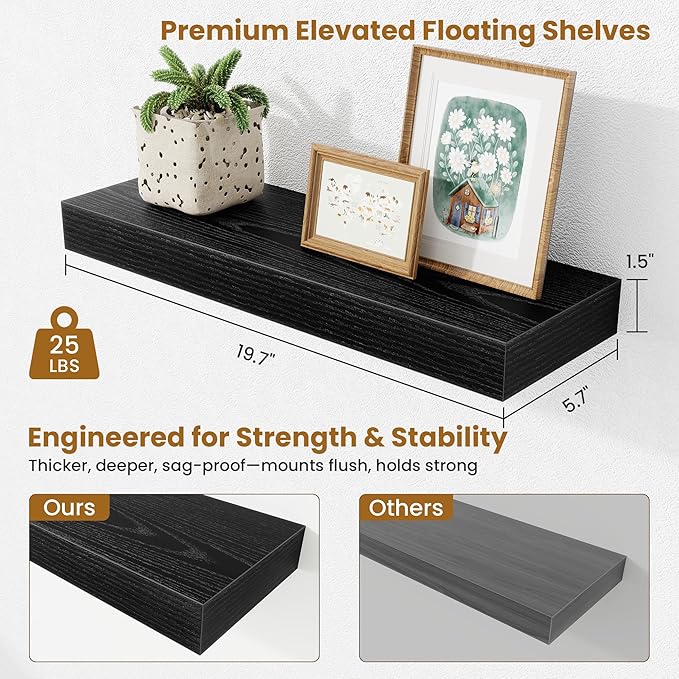 Fun Memories Floating Shelves Bathroom for Wall Mounted Shelves, 20 Inch Wood Shelf Set of 2, Home Storage & Display Decor, Black