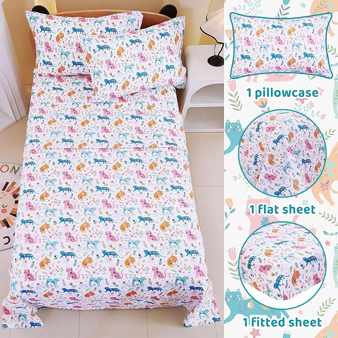 Viviland 3 Pieces Girls Pink Cat Twin Sheet Set - Soft Microfiber Fitted Flat Sheets & Pillowcase - Kids Colorful Floral Leaf Print Bedding Sets - for Kids & Toddlers