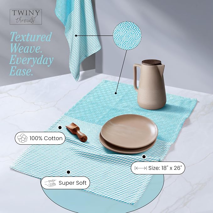 TWINY threads Kitchen Towel Diamond Design, Premium 100% Cotton Kitchen Linen Set, Large Dish Rags and Wash Rags, Absorbent Quick Drying, Washable Reusable, Pack of 4, 18"x26", Aqua Blue