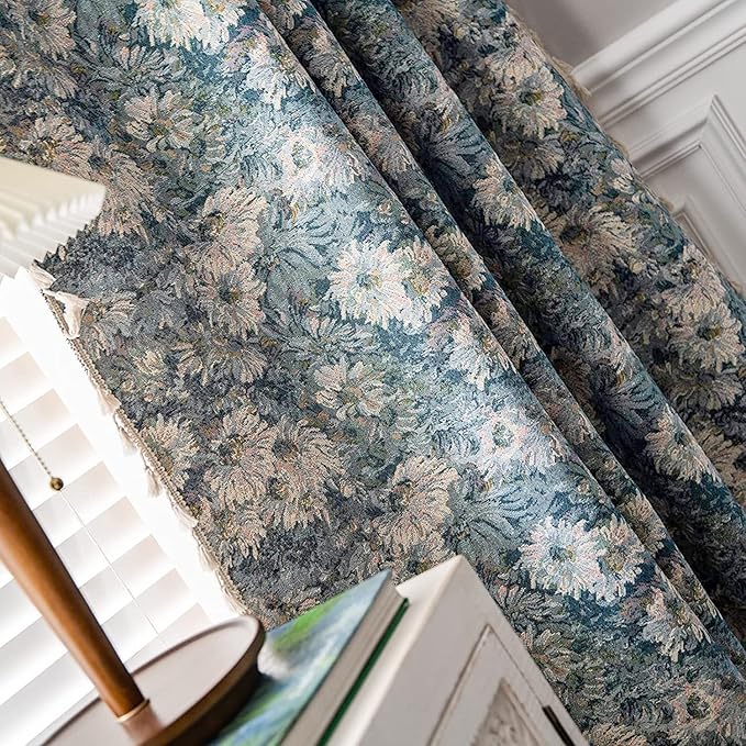 ENJOYBRIDAL Blue Floral Curtains 96 Inch Length 2 Panels Farmhouse Semi Sheer Drapes for Living Room Bohemian Rustic Rod Pocket Window Curtain Panels with Tassel Jacquard Bedroom Window Treatments