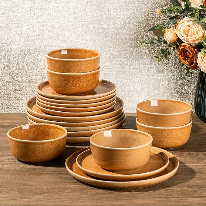 GBHOME Ceramic Dinnerware Sets for 6, 18 Pieces Stoneware Plates and Bowls Sets, Scratch Resistant Dishes, Dishwasher & Microwave Safe, Reactive Glaze-Amber