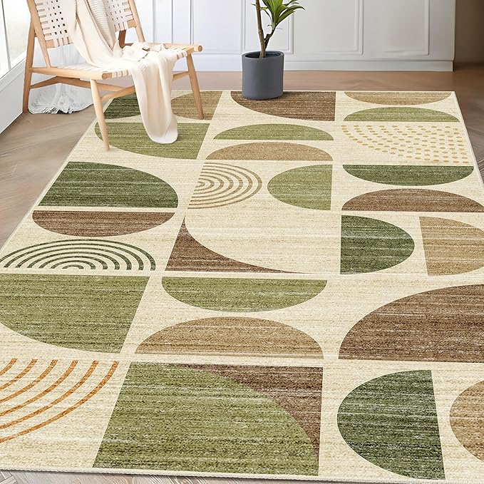 MUJOO 3x5 Rug Washable,Boho Area Rugs for Bedroom Entryway Living Room Bedside,Small Throw Floor Carpet Non Slip Soft Indoor Modern Abstract Vintage Green and Brown