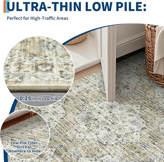 Washable Boho Vintage Lager Area Rugs 10x13 for Living Room Non-Slip Distressed Large Rugs for Bedroom Dining Room Nursery Neutral Oriental Throw Thin Foldable Carpet Vintage Carpet, Brown Yellow