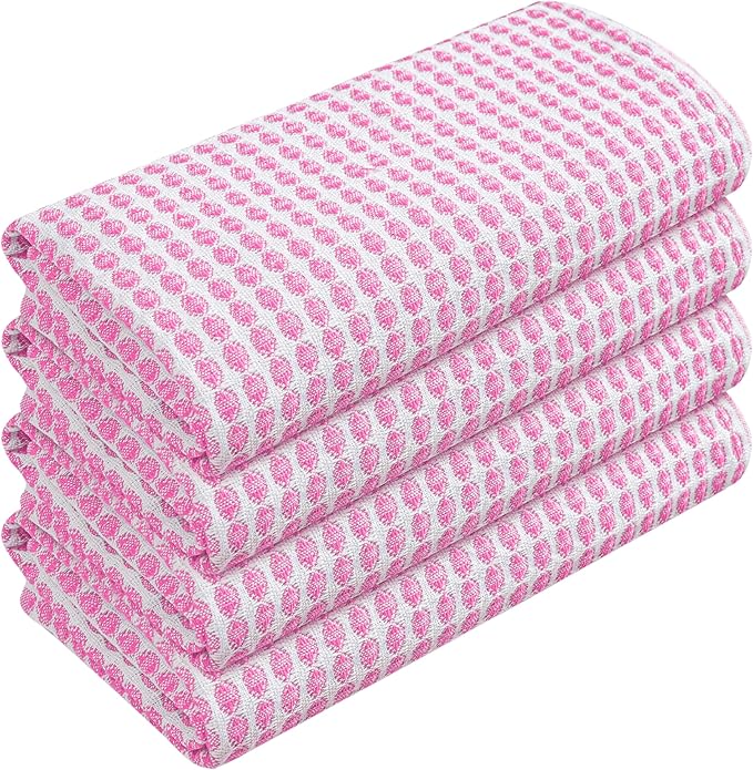 TWINY threads Circle Waffle Kitchen Dish Towels 4 Pack, 16x26 Inch, 100% Cotton, Absorbent, Lightweight, Quick Drying, Multi Purpose Wash Rags, Suitable for Crafting, Embroidery, Household, Baby Pink