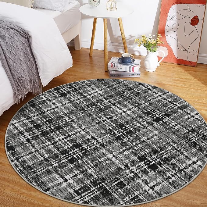 Tartan Plaid Washable Round Rugs 4ft, Non-Slip Soft Ultra-Thin, Small Round Rug Circle Stain Resistant Low Pile Carpet for Entryway Kitchen Bedroom Nursery Bathroom, Black