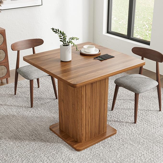Small Square Dining Table for 2-4, 31.5 Inch Farmhouse Kitchen Table with 2-Tier Storage Shelf, Modern Wood Dinner Furniture with Fluted Doors, Dining Room, Living Room, Space Saving, Walnut