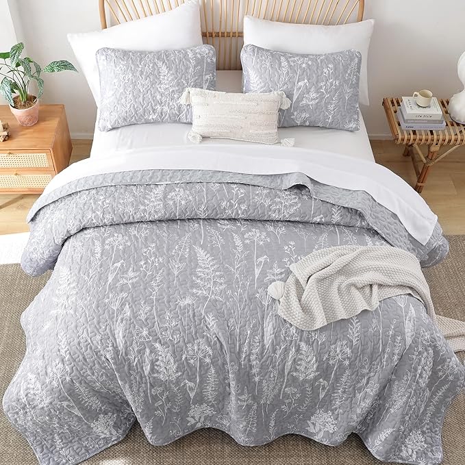Janzaa Twin Boho Quilt Set - Grey Floral Pattern Microfiber Quilt & Pillowcase, 66x90 inches