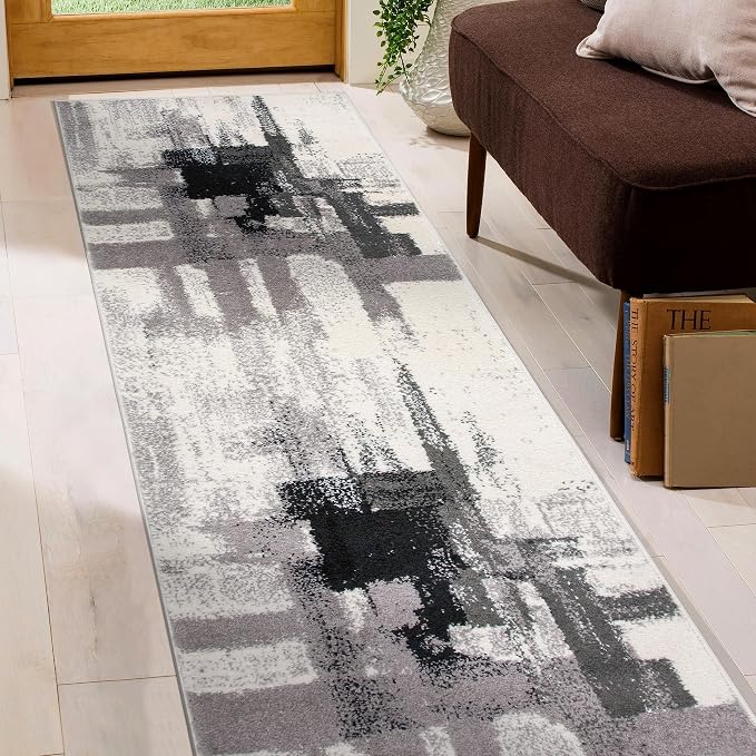 Rugshop Black Contemporary Abstract Runner Rug — Non-Shedding for Hallway, Entryway and Kitchen 2' x 7'