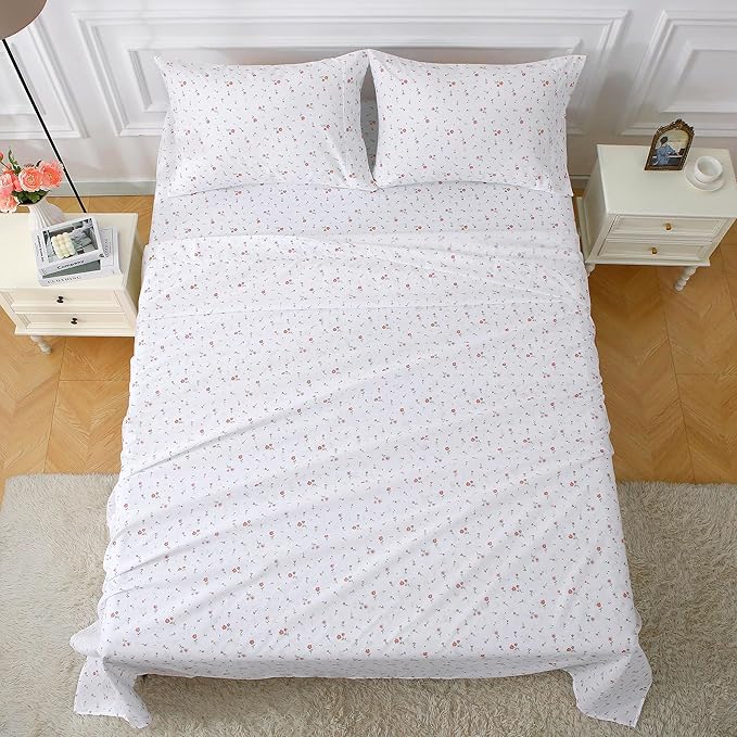 Softan Pink Floral Queen Sheet Set Flower Bed Sheets Queen Size - 4 Piece Microfiber Patterned Fitted Bed Sheets with 15" Deep Pocket, Cozy Cute Pink Flower Sheets and Pillowcase Set