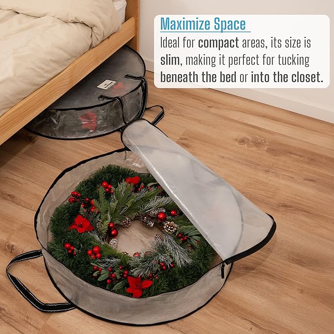 VENO 2 Pack Christmas Wreath Storage Container - 30 Inch Clear Wreath Bag, Christmas Garland and Holiday Decoration Organizers with Zipper and Durable Handles (Clear, 30"-2 Pack)