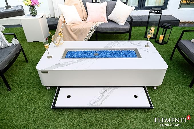 Elementi+ | Athens Gas Fire Pit | Cast Concrete Body & Marble Porcelain Top | 62" Rectangular Fire Table | Electronic Ignition | Canvas Cover, Fire Glass & Burner Lid Included | White | Natural Gas