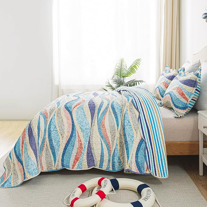 HoneiLife Coastal Quilt Sets Queen - 3 Pieces Beach Quilt Sets Ocean Bedspreads Lightweight Coverlets Nautical Bed Cover All Season Quilts