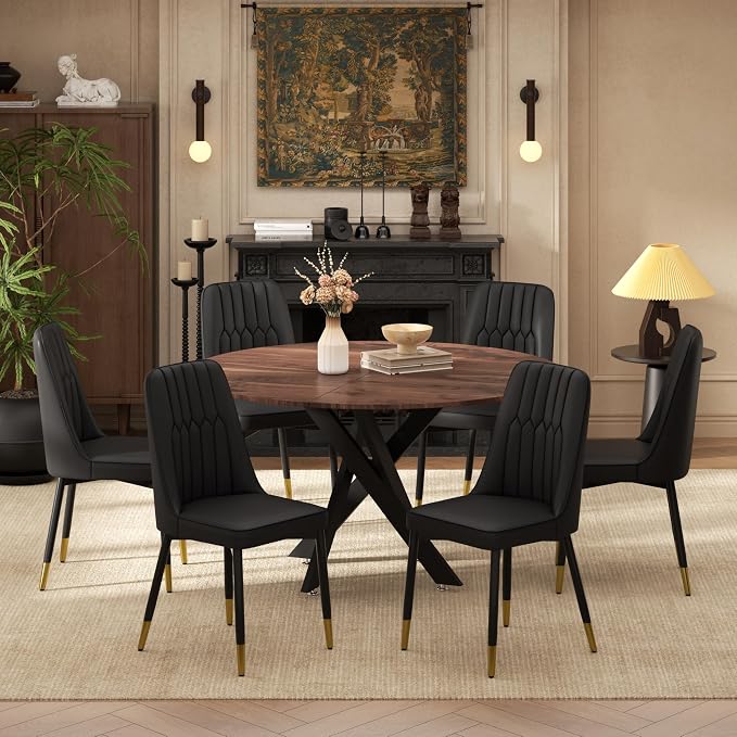 RGZ Mid Century Walnut Round Dining Table Set for 6, 47" Large Wooden Circle Kitchen Table & 6 Black PU Leather Kitchen Chairs, Dinner Table Set for Home, Apartment, Dining Room