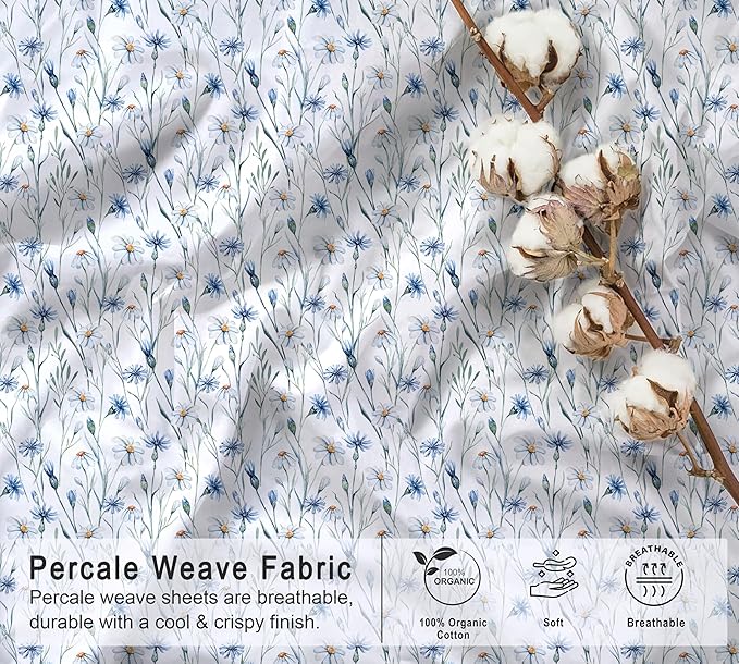 RUVANTI 100% Organic Cotton Sheets Queen Size, Percale Weave, GOTS Certified, 4-Piece Set, Deep Pocket 15", Crisp & Breathable, Soft Durable Bedding, Sábanas Algodón Orgánico – Daisy Bud