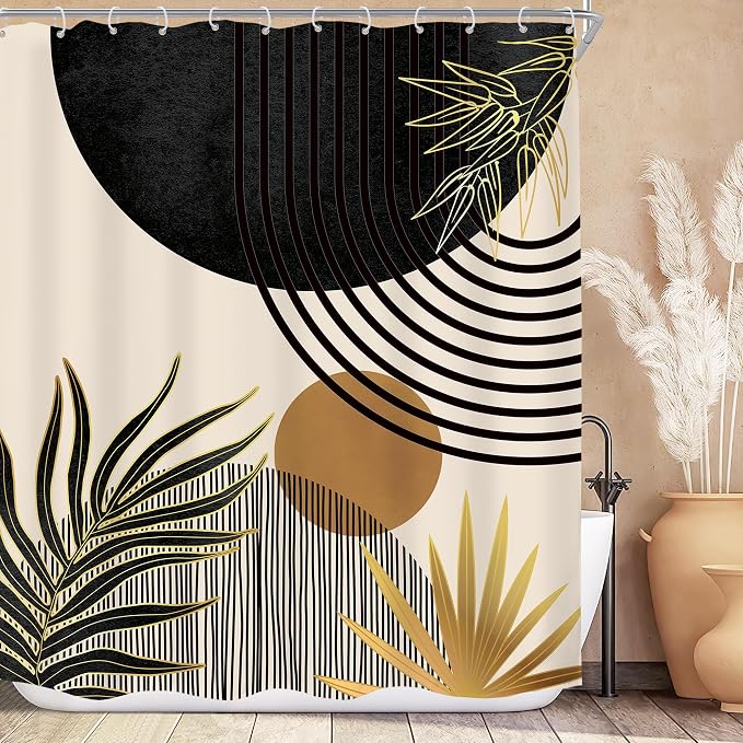 KOMLLEX Mid Century Black Gold Boho Shower Curtain 60Wx72L Inches Abstract Modern Green Shower Curtains for Bathroom Plant Botanical Minimalist Arch Sun Fabric Liner Waterproof Polyester 12 Pack Hooks