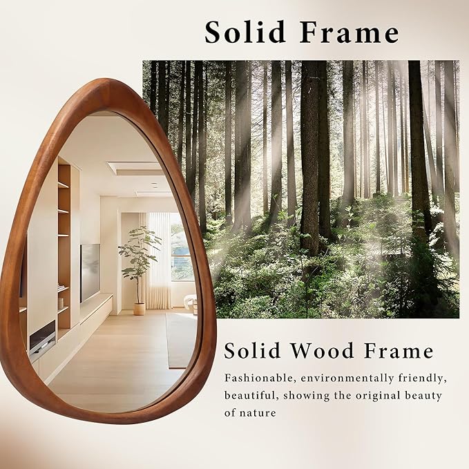 24''x19'' Asymmetrical Mirror with Wood Frame, Small Irregular Wall Odd Shaped Mirror Mid Century Modern Decor for Bedroom Living Room Entryway Hall