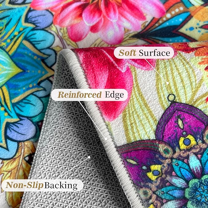 Boho Floral Door Mat 2x3, Colorful Flowers Indoor Entry Rug Non Slip Small Area Rug for Entryway Kitchen Bathroom Front Door Mats Indoor Entrance Washable Doormat Carpet Aesthentic