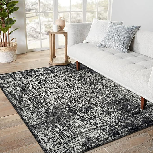 vivorug 4x6 Area Rugs, Stain Resistant Washable Rug for Living Room, Vintage-Inspired Black and White Rug