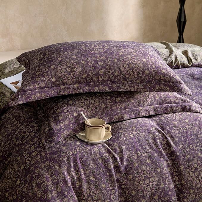 EAVD Soft 100% Cotton Muslin Yarn-Dyed Jacquard Textured Duvet Cover Twin Chic Shabby Purple Floral Duvet Cover with Zipper Closure Linen Like Gauze Floral Bedding Set with 2 Pillowcases