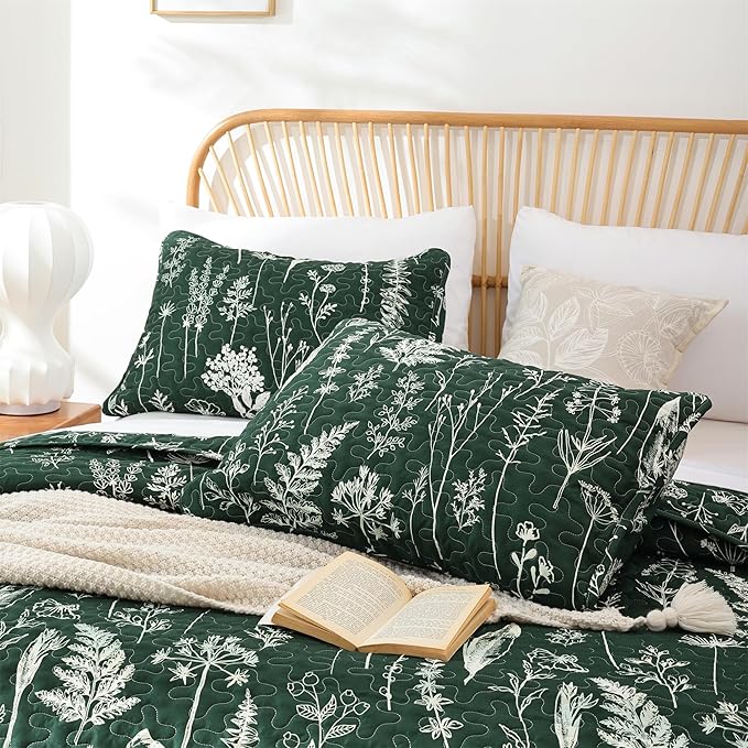 JANZAA Quilts Queen Size Emerald Green Floral Queen Quilt Bedding Set Microfiber Boho Bedspread Lightweight Reversible Coverlet 1 Quilt 90x90 inches with 2 Pillow Cases