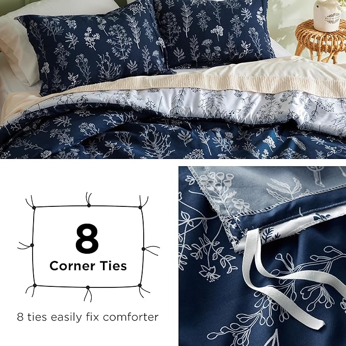 Bedsure Duvet Cover Queen Size - Reversible Navy Blue Queen Duvet Cover Set with Zipper Closure, 3 Pieces Floral Patterned Bedding Set with 8 Corner Ties and 2 Pillow Shams