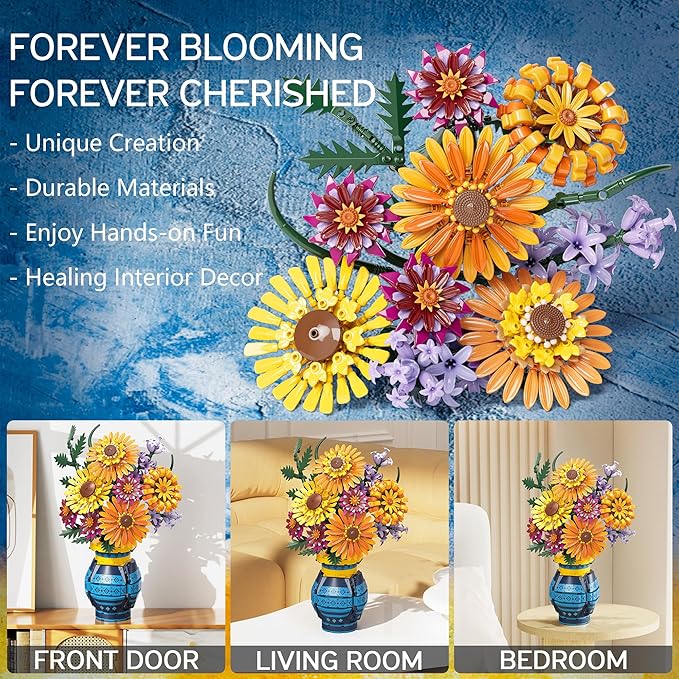 Flower Bouquet Building Blocks Set with Vase, Women Men Teen Girls Gifts for Christmas, 1065PCS Sunflower Botanical Collection Artificial Flower Decor Birthday Gifts for Her Him Wife Mom Grandma Adult