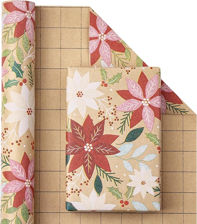 RUSPEPA Kraft Christmas Poinsettia Wrapping Paper Roll, Mini Roll, Red & Pink Floral with Greenery Design, Kraft Holiday Gift Wrap for Women, Family, Rustic Xmas Gifts, 17 Inches x 16.4 Feet