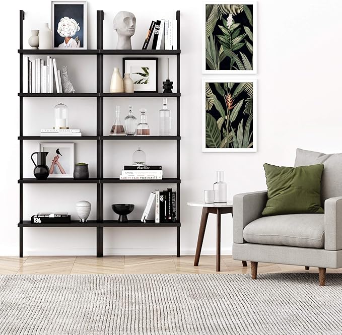 Nathan James Theo 5-Shelf Black Modern Bookcase, Open Wall Mount Ladder Bookshelf with Industrial Metal Frame
