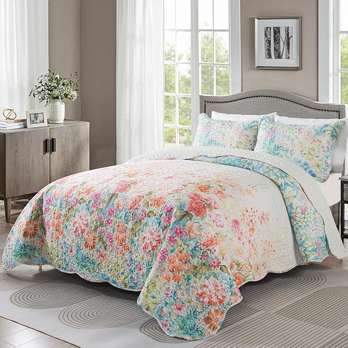 HoneiLife Quilt Sets Queen Size - Floral Quilt 3-Piece, Botanical Bedspreads Wildflower Coverlets for Queen Bed, Microfiber Bed Cover, All Season Quilts-Coral Pink