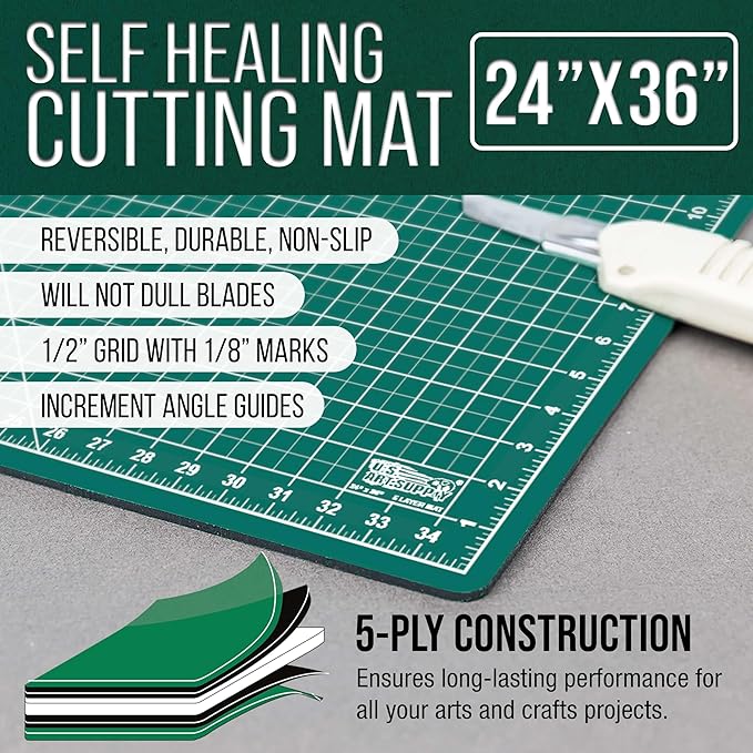 U.S. Art Supply 24" x 36" Self-Healing Cutting Mat 5-Ply - Double-Sided Green/Black Craft Mat, Non-Slip Cutting Mats for Crafts, Sewing, Quilting, Scrapbooking