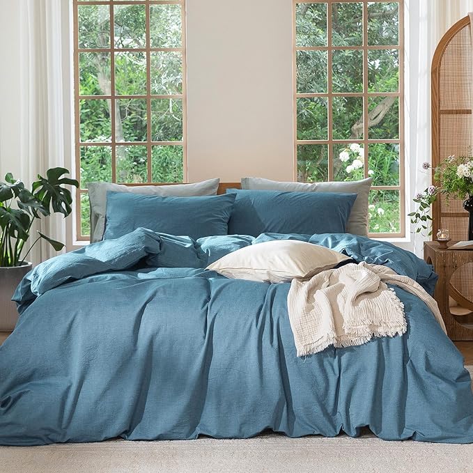 MooMee Bedding Duvet Cover Set 100% Washed Cotton Linen Like Textured Breathable Durable Soft Comfy (Heathered Peacock Blue, Twin 68"x90")