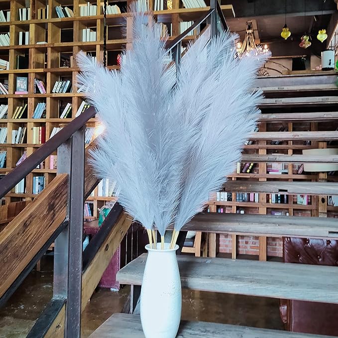 Premium Faux Pampas Grass Decor Tall & Fluffy, No Assembly Needed Long Pampas, Luxury Large Floral, Elegant Feather Flowers for Wedding Decorations(Faux Grey, 8pcs 43.3"(110cm))