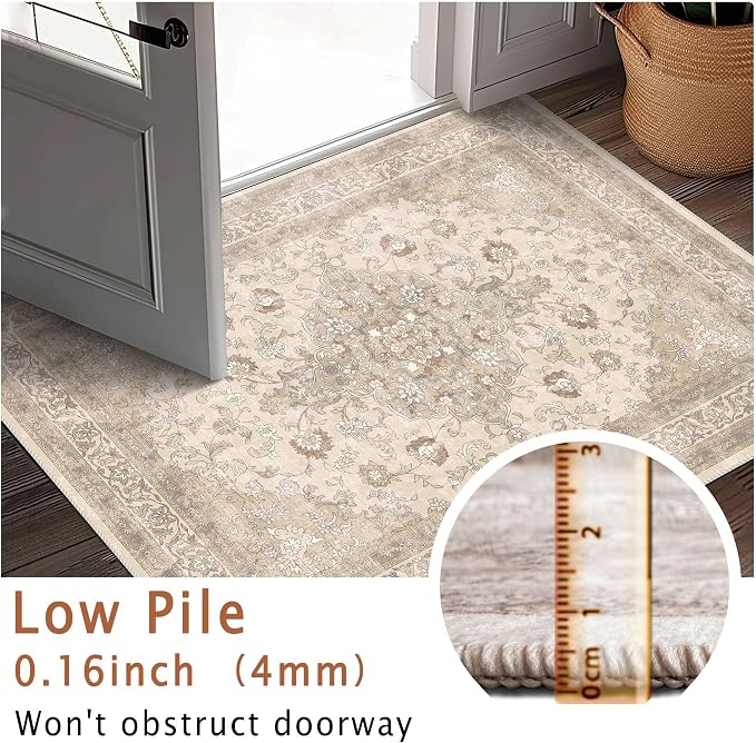 vivorug 3x5 Rug, Small Neutral Area Rug for Living Room, Bedroom, Kitchen, Machine Washable Non-Slip Throw Rug, Vintage Floral Carpet for Entryway Nursery Coffee Table - Durable (Beige)