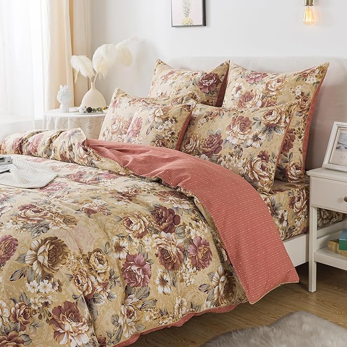 FADFAY Duvet Cover Sets Tan Peony Floral Bedding Shabby Brown Flower Comforter Cover Set Vintage Farmhouse Bedding 100% Cotton Quilt Cover with Hidden Zipper Closure 3Pcs, King/California King Size