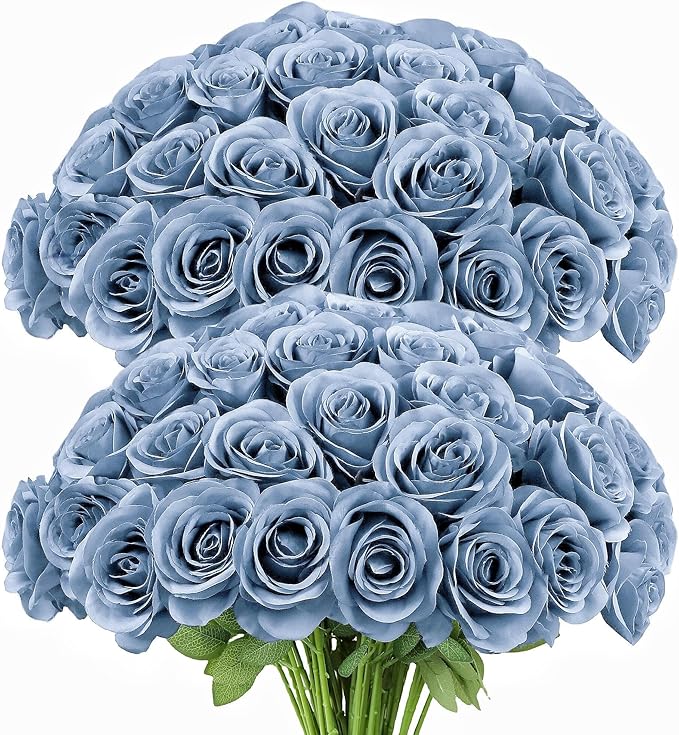 Artificial Rose Flower Artificial Flowers Flower with Long Stem Silk Roses Bouquet for Wedding Bridal Shower Party Home Decoration (Dusty Blue, 50 Pcs)
