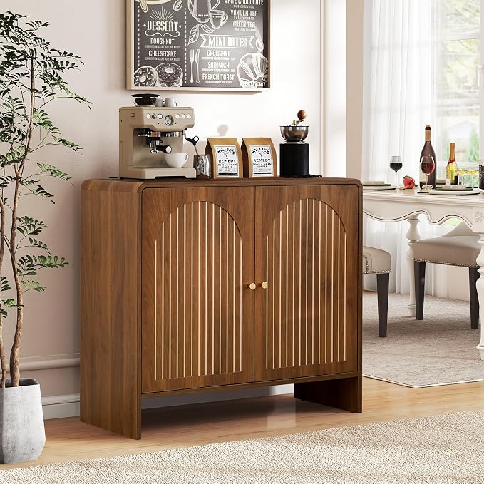 Sideboard Buffet Cabinet with Storage, Wood Arched Storage Cabinet with 2 Doors and Adjustable Shelf, Small Curved Entryway Accent Cabinet for Living Room Hallway Kitchen Dining Room, Walnut