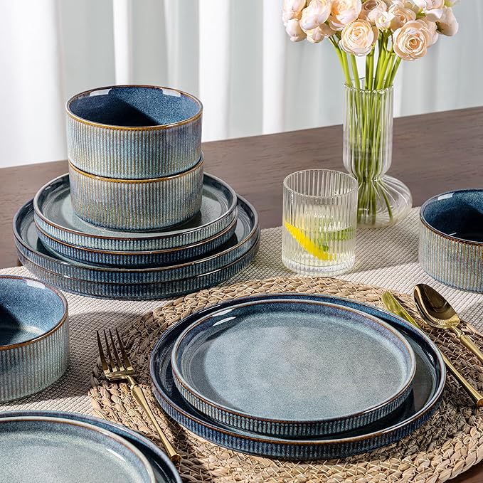 GBHOME 12-Piece Stoneware Dinnerware Set for 4 – Ribbed Ceramic Plates and Bowls, Scratch-Resistant, Microwave & Dishwasher Safe, Reactive Glaze, Ceylon Blue